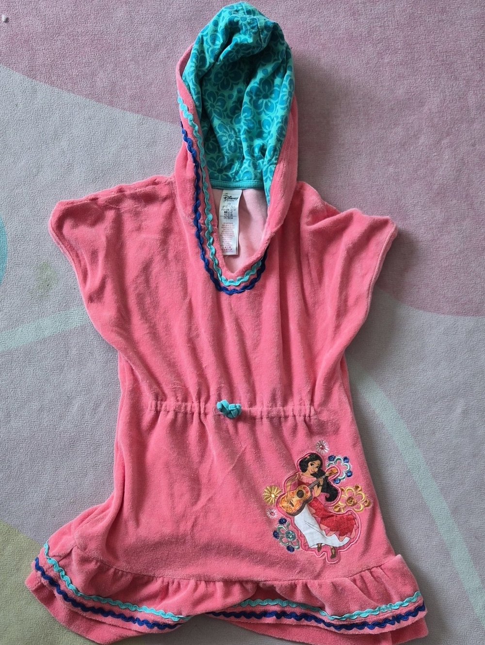 Disney Moana -Girls Pink Hooded Beach Cover-Up with Turquoise Lined Hood